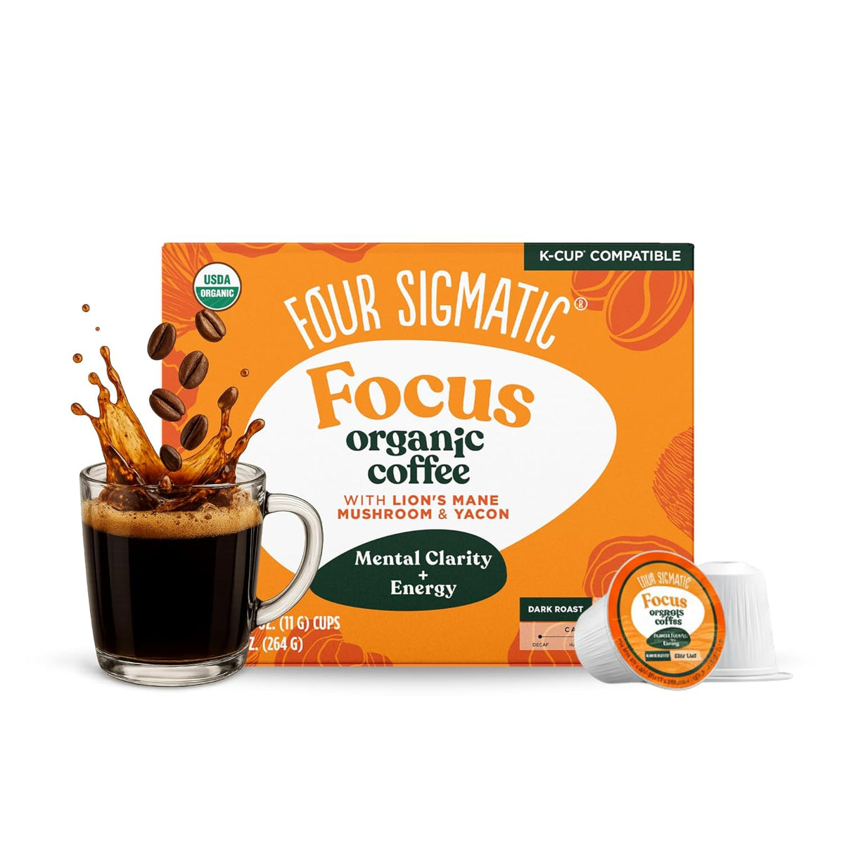 Four Sigmatic Mushroom Coffee K-Cups | Organic Dark Roast Coffee with Lion’s Mane Mushroom Powder & Yacon | Focus & Immune Support | Vegan & Keto | Sustainable Pods | 24 Count