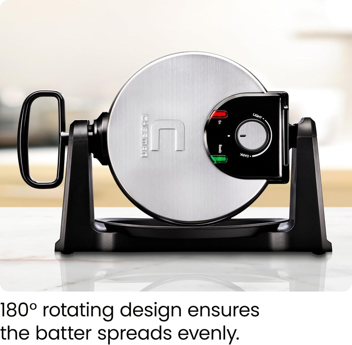 Chefman Rotating Belgian Waffle Maker, 180° Flip Iron w/ Non-Stick Plates, Adjustable Timer, Locking Lid, & Drip Plate, Space Saving Storage, Mess-Free Breakfast, Stainless Steel/Black