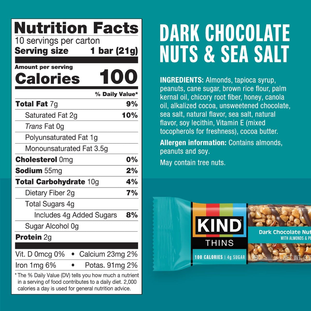 KIND Thins Snack Bars, Dark Chocolate Nuts & Sea Salt, Gluten Free, Low Calorie, Healthy Snacks, 4g Sugar, 10 Count