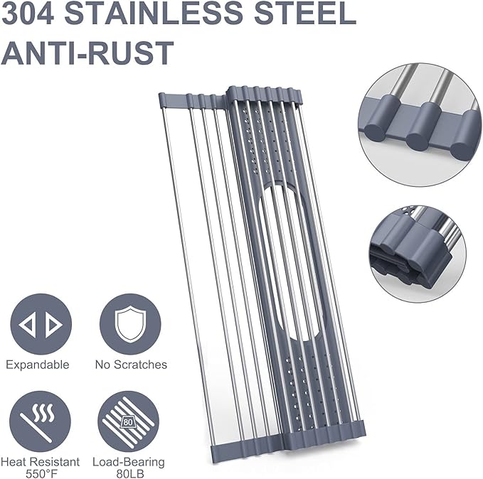 LEMIKKLE Roll Up Dish Drying Rack 17 x 15 Over The Sink Dish Drying Rack, Multi-Purpose Kitchen Rolling Dish Drainer Foldable SUS 304 Stainless Steel Dish Drying Rack