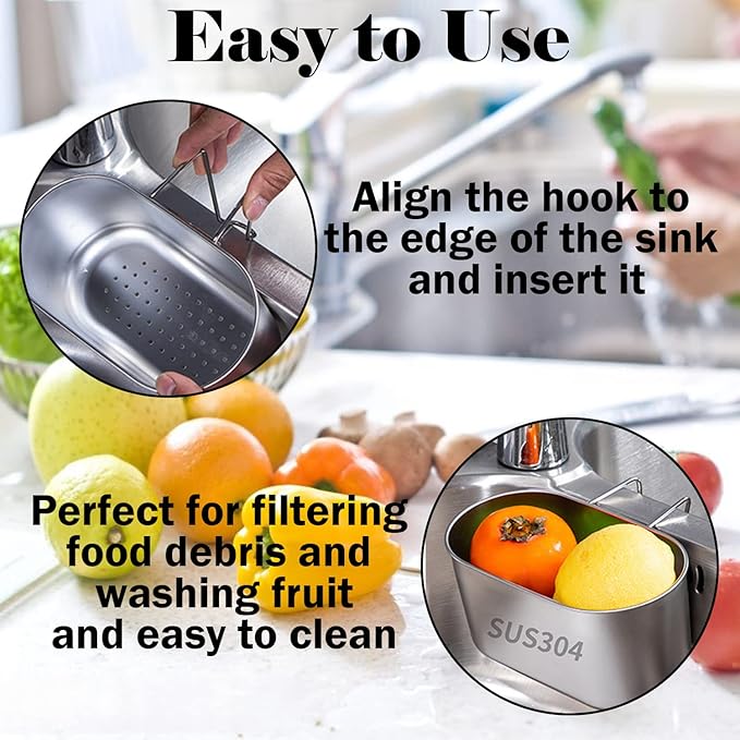 Stainless Steel Sink Drain Strainer Basket, Multifunction Hanging Sink Strainer Colander Drain Basket, Kitchen Sink Food Waste Filter and Vegetables Fruits Clean