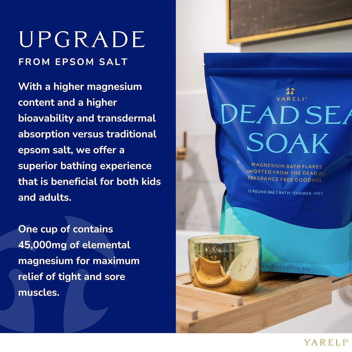 Yareli Magnesium Flakes, 15lb, Dead Sea Bath & Foot Soak, Alternative to Epsom Salt with Over 800,000mg of Magnesium Chloride Per Bag