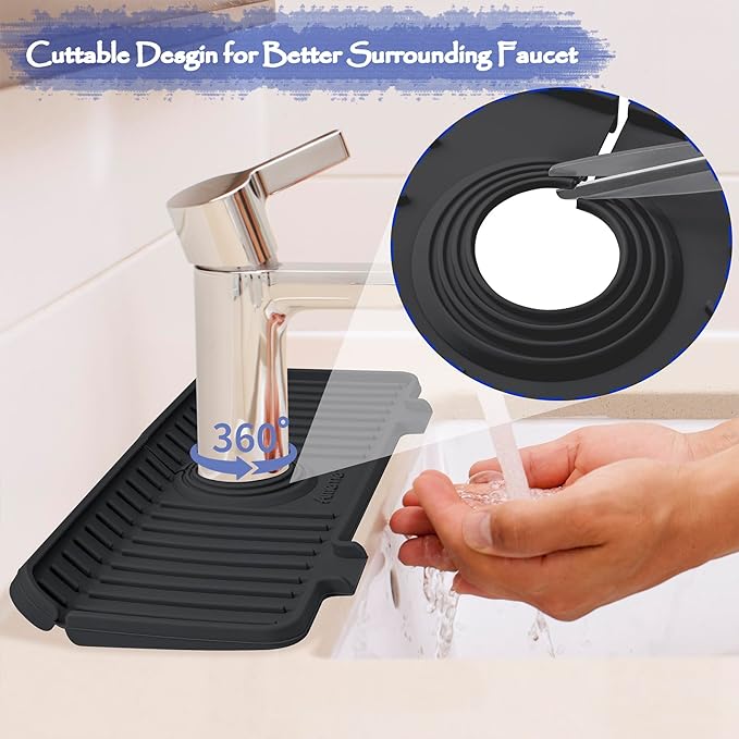 Amerner Kitchen Sink Splash Guard, 10° Large Slope & Adaptable Hole Faucet Mat for Kitchen Sink, Silicone Sink Organizer Sponge Holder for Kitchen, Bathroom, RV, Bar, 14.2” x 5.1”, Black