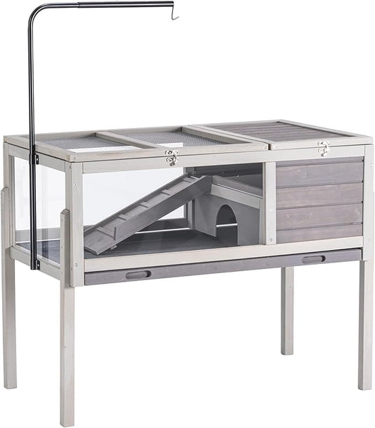 BIRASIL Wood Tortoise Enclosure with Adjustable Light Stand,2-Tier Habitat Reptile Cage with Feeding Area Swimming Area, Turtle House for Small Animals Lizards Hamster (Gray)