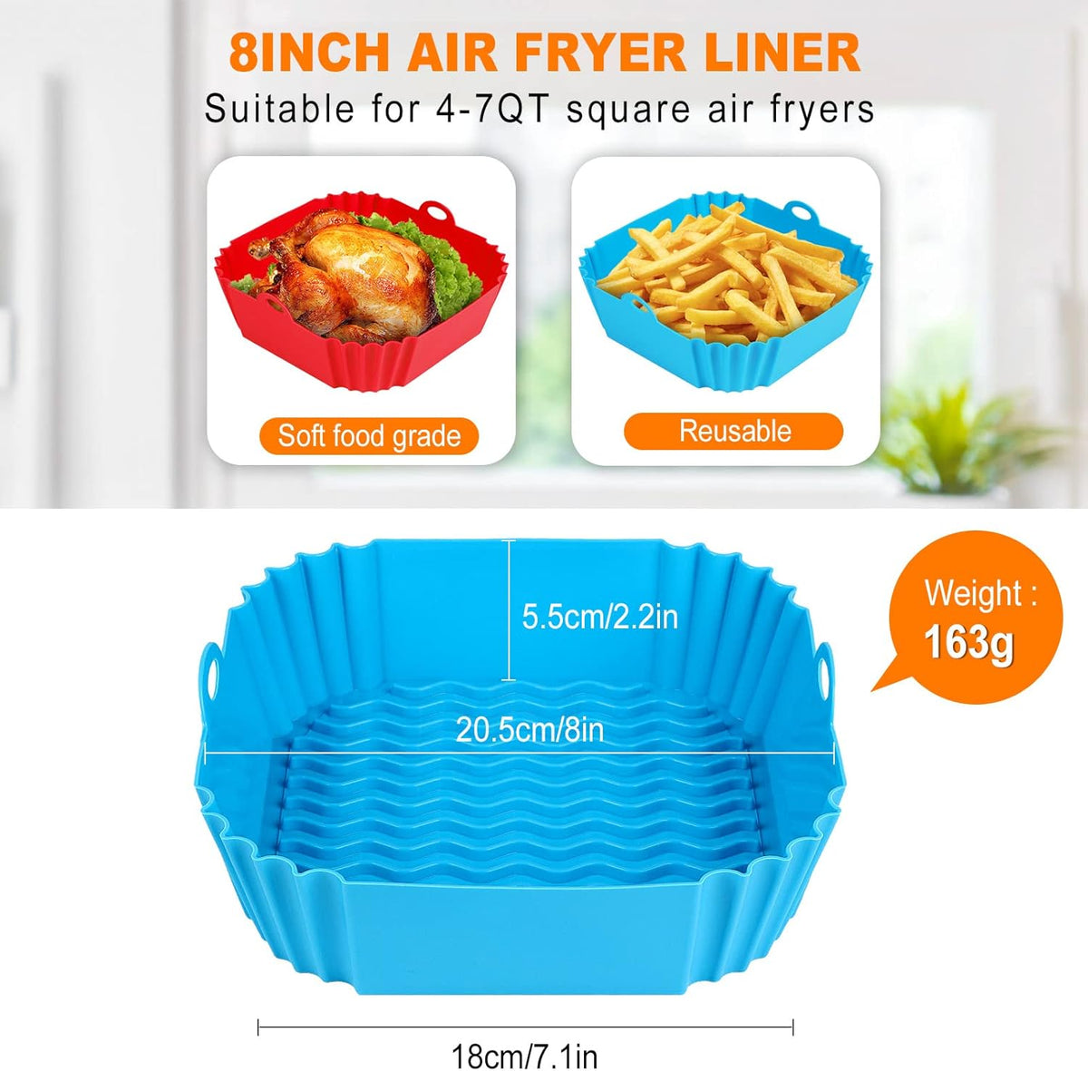 2 PCS Square Silicone Air Fryer Liners - 8 Inch Reusable Air Fryer Pot - Air Fryer Accessories - Air Fryer Inserts for 4 to 7 QT Oven Microwave Accessories (Red + Blue)