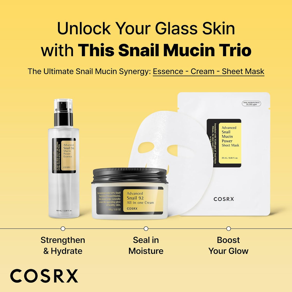 COSRX Snail Mucin Sheet Mask 10 EA with Snail Mucin Serum, Self Care, Face Masks for Dry, Sensitive Skin, Not Tested on Animals, No Parabens, No Sulfates, Korean Skin Care
