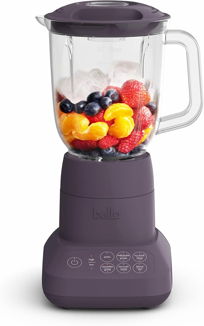bella 10 Speed Countertop Blender, Juicer & Smoothie Maker, Fits-anywhere™ Kitchenware, Slim Flip & Store Design, Dishwasher Safe 48oz Capacity Pitcher & Lid, Stainless Steel Blade, 450 Watt, Plum