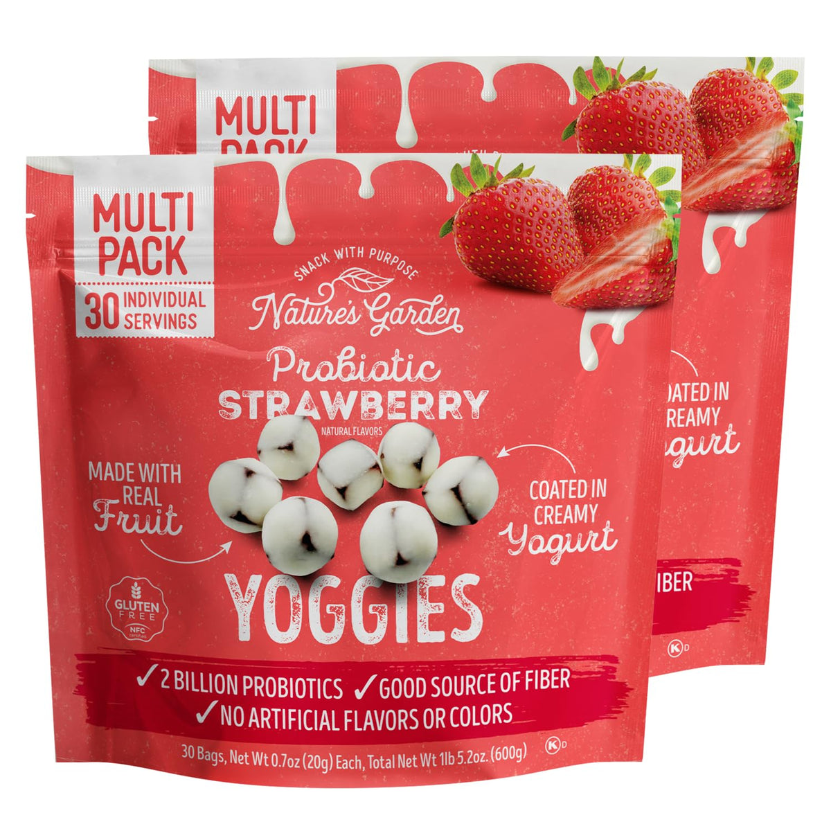 Nature's Garden Probiotic Strawberry Yoggies 21oz (30 x 0.7oz) Pack of 2 - Strawberry Yogurt-Covered Fruit Bites, High Fiber, Real Fruit Pieces, No Artificial Flavor, On-the-Go Snack for Adults