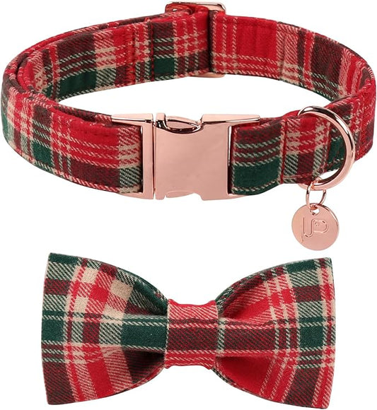 Christmas Plaid Dog Collar with Bow Tie– Adjustable Red & Green Checkered Dog Collar for Small Medium Large Dogs, Soft Xmas Plaid Puppy Collars with Quick Release Buckle M