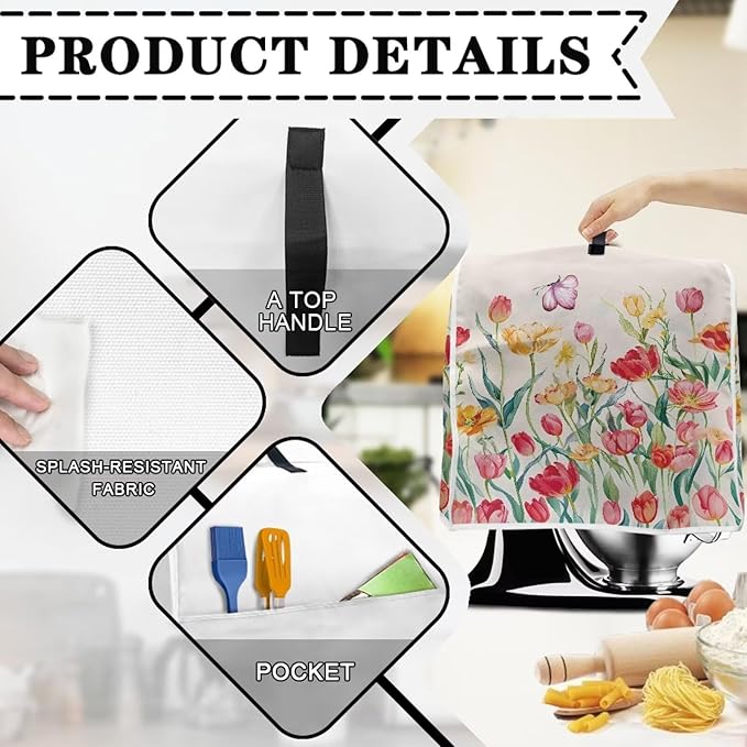 Floral Mixer Dust Cover | Waterproof & Machine Washable Protector with Handle & Pocket | Compatible with 6-8 Quart Stand Mixers