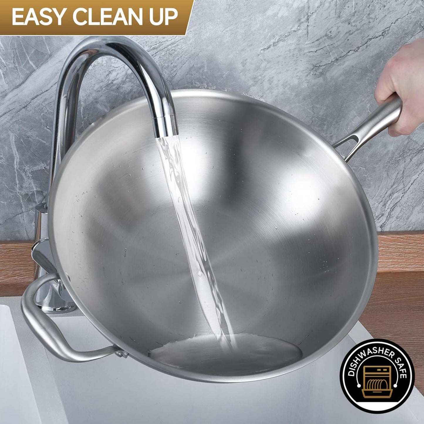 LOLYKITCH 12 Inch Tri-Ply Stainless Steel Wok Pan with Lid, Stir-Frying Pan,Induction Cooking Pan,Dishwasher and Oven Safe,Heavy Duty and Detachable Handle.