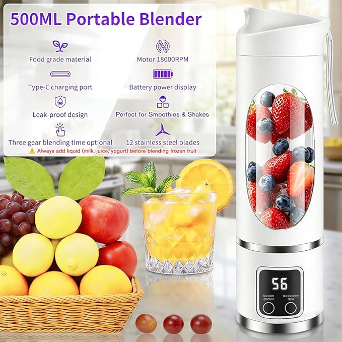 Portable Personal Blender, 500ML Cordless Compact Travel Juicer for Shakes and Smoothies, Small Blenders with Smart time display, Self-cleaning, BPA Free Cup & Lid, 12 blades, USB-C Rechargeable White