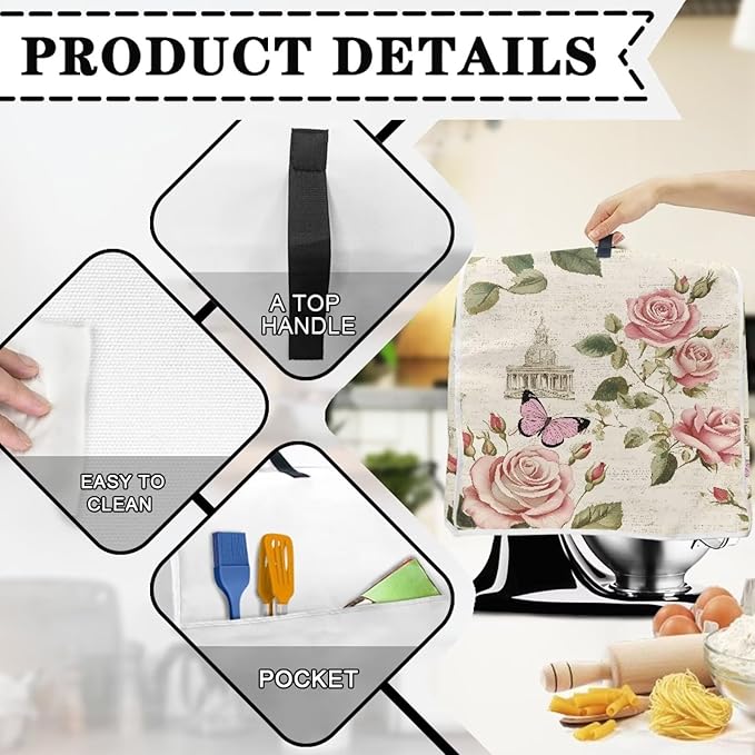 Pink Floral Butterfly Stand Mixer Cover Compatible with 6-8 Qt Blenders Machine Washable Kitchen Mixer Covers with Top Handle and Pockets for Counter Decor Housewarming Gifts