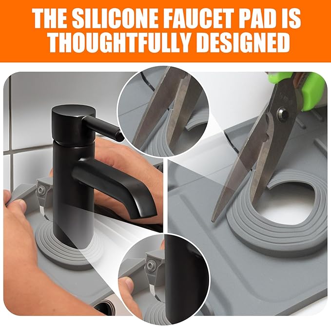 24" Silicone Faucet Mat for Kitchen Sink,7° Draining Mat with Snap Button Lock,Faucet Splash Guard and Sink Counter Organizer,Trim-to-Fit Kitchen Faucet Protector for Sponge Brush Cup