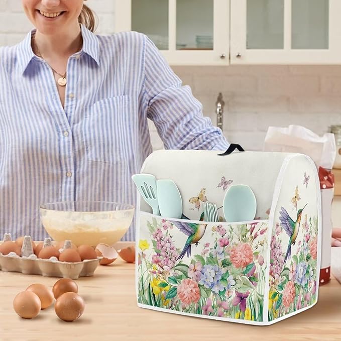 Spring Hummingbird Mixer Cover | Lightweight Dust Protector with Handle & Pockets | Compatible with 4.5-5 Quart Coffee Makers & Kitchen Mixers