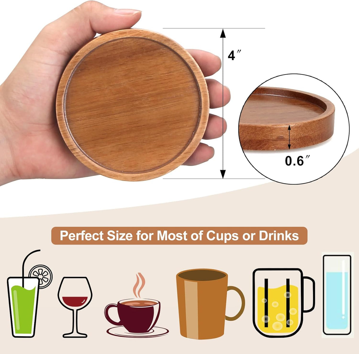 6 Pcs Best Wooden Coasters with Holder Coffee Table Decor Acacia Wood Coaster Set Modern Cup Coaster for Drink Home Dining Table Kitchen Accessories Cute Beer Bar Decorative Rustic Outdoor Coasters
