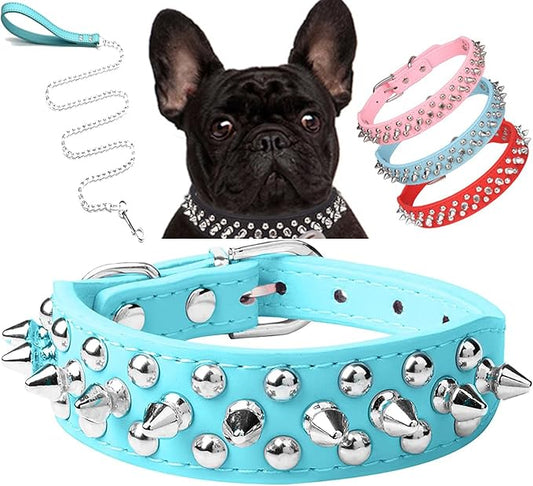 Spiked Dog Collar Soft Pu Leather Mushrooms Rivet Spike Studded Puppy Adjustable Pet Collars for Small Breeds (S, Light Blue Set)