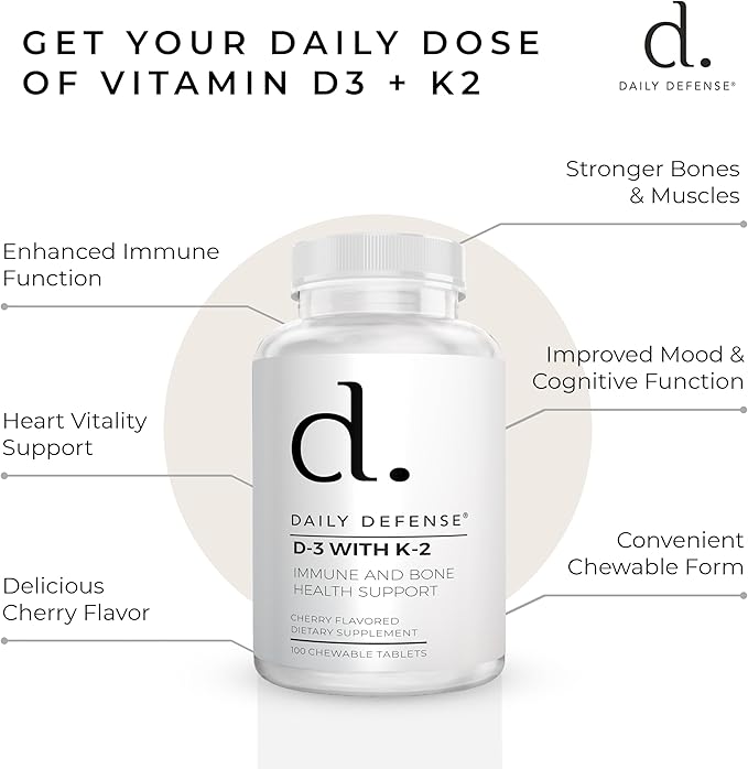 Immune Defense Supplements Vitamin D3 K2 2000IU for Heart Health, Daily Immune Support, Mental Clarity, & Muscle Function - 100 Chewable Tablets