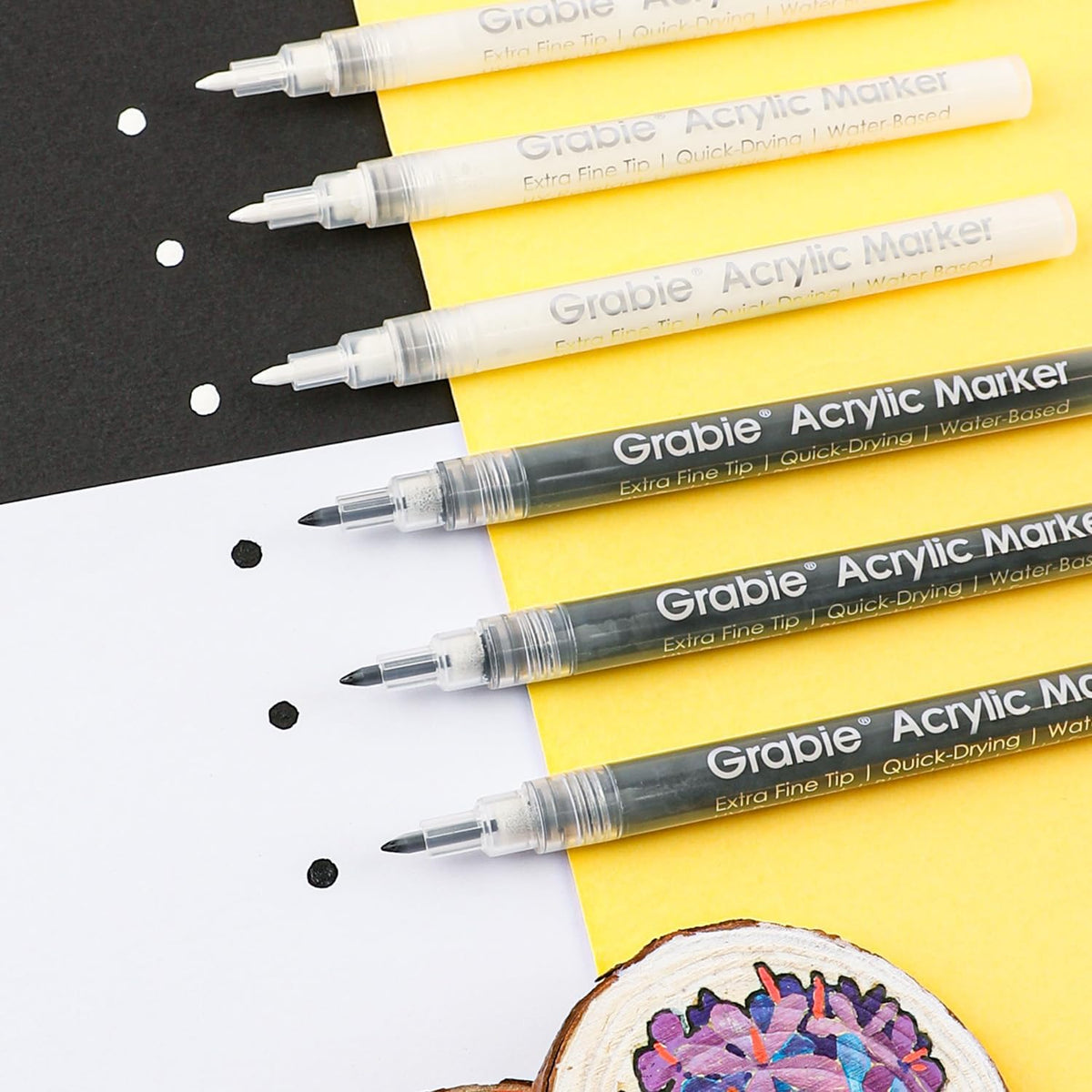 Grabie Black & White Extra Fine Tip Acrylic Paint Marker Set, 6 Pack, 0.7mm Acrylic Paint Pens for Highlights and Fine Details on Drawings, Rock Painting Glass Canvas Wood, White Highlight Markers