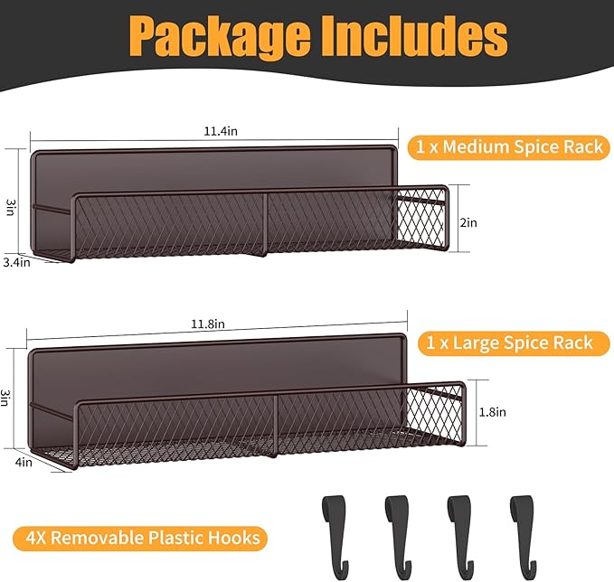 Magnetic Spice Rack for Refrigerator, 2 Pack 100% Metal Strong Magnet Shelf, Space Saving Spice Organizer W/ Hooks, Movable Magnetic Fridge Shelf, Kitchen Home Laundry Room Storage Organization, Brown