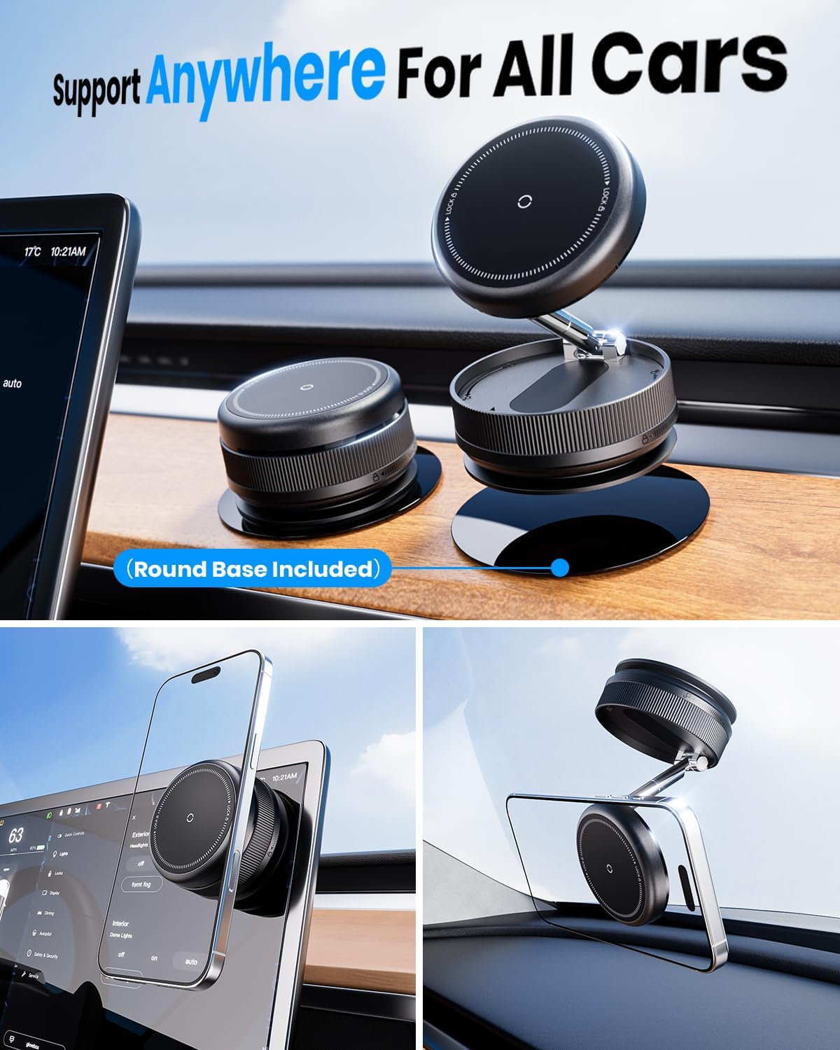 2026 Upgraded 360° Vacuum Magnetic Car Phone Holder for Magsafe [96+LBS Strongest Suction & 2800gf Strongest Magnetic], Adjustable Car Phone Mount for Your Car/Gym/Mirror/Shower for iPhone & Android