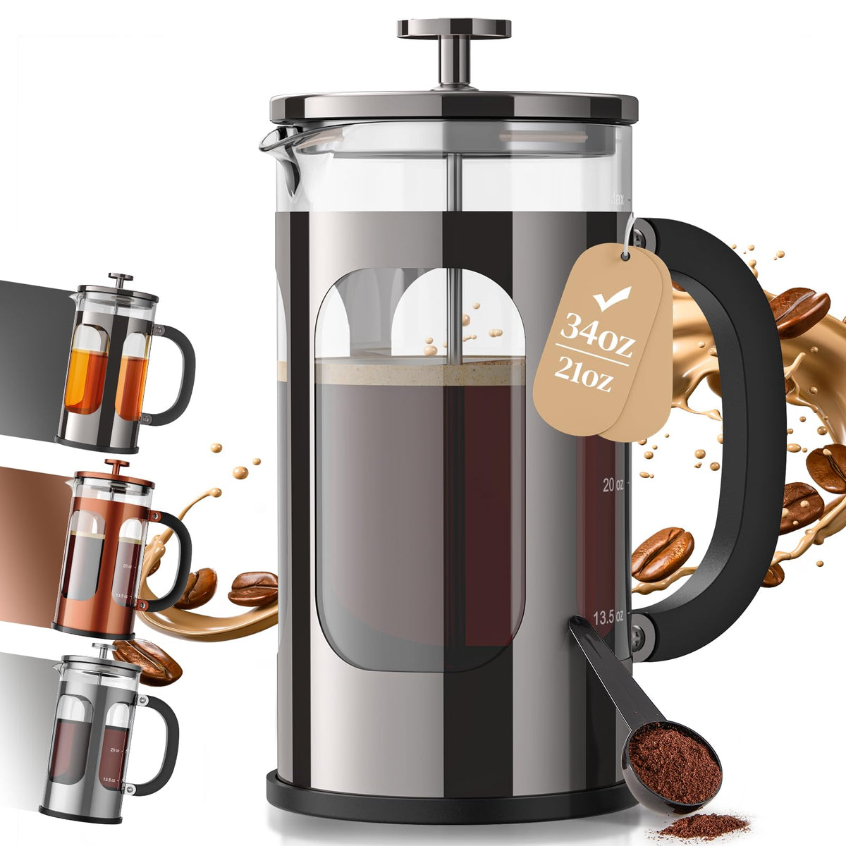 Veken French Press Coffee Maker 34oz, No Plastic Touching Cafe,Thickened Glass Stainless Steel Brewer, Cold Brew Cafetera Tea pot for Kitchen Travel Camping, Gifts, Decor, Bar Accessories, Dark Pewter