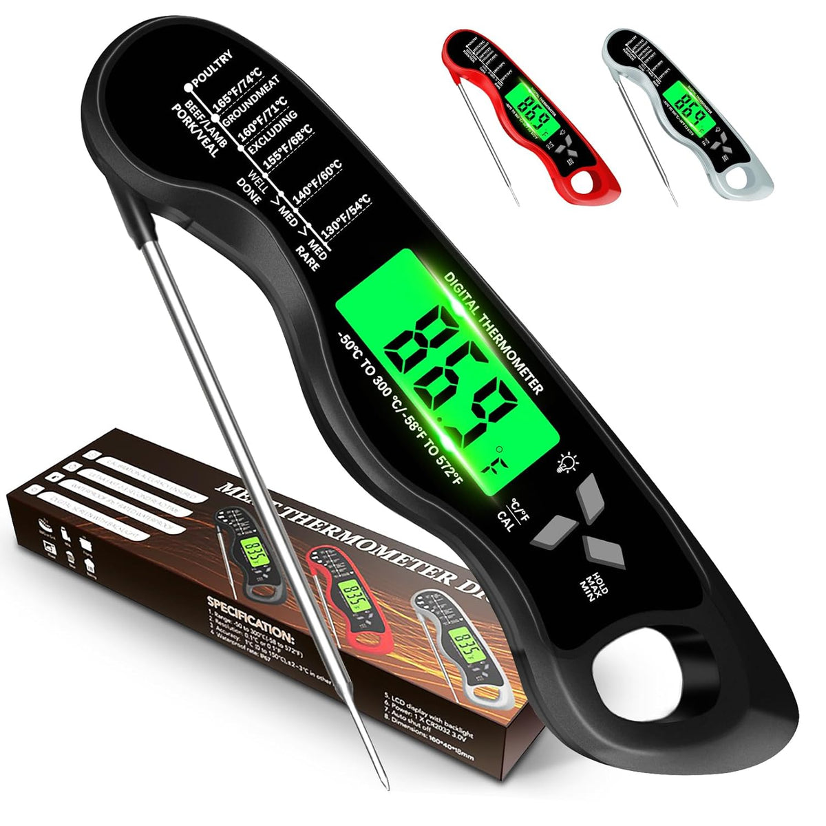 Meat Thermometer Digital，IP67 Waterproof Cooking Thermometer with Backlight, Calibration & Hold Function，Food Thermometer for Cooking,Outdoor Grilling，Suitable as Stocking Stuffers for Men