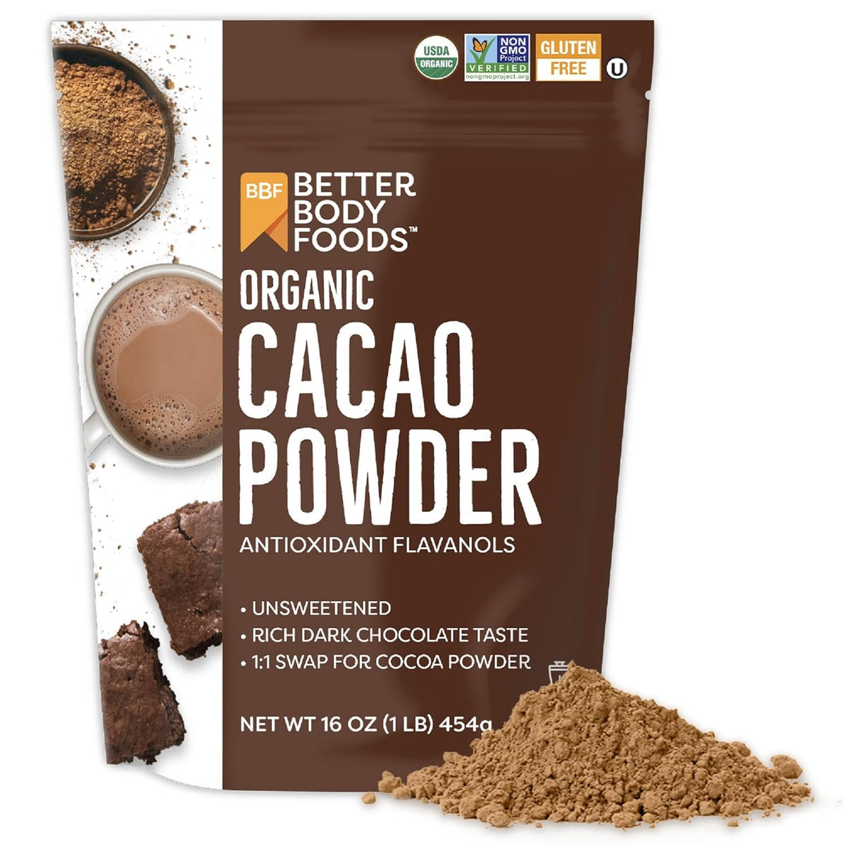BetterBody Foods Organic Cacao Powder, Rich Chocolate Flavor, Non-GMO, Gluten-Free, Cocoa, 16 ounce, 1 lb bag