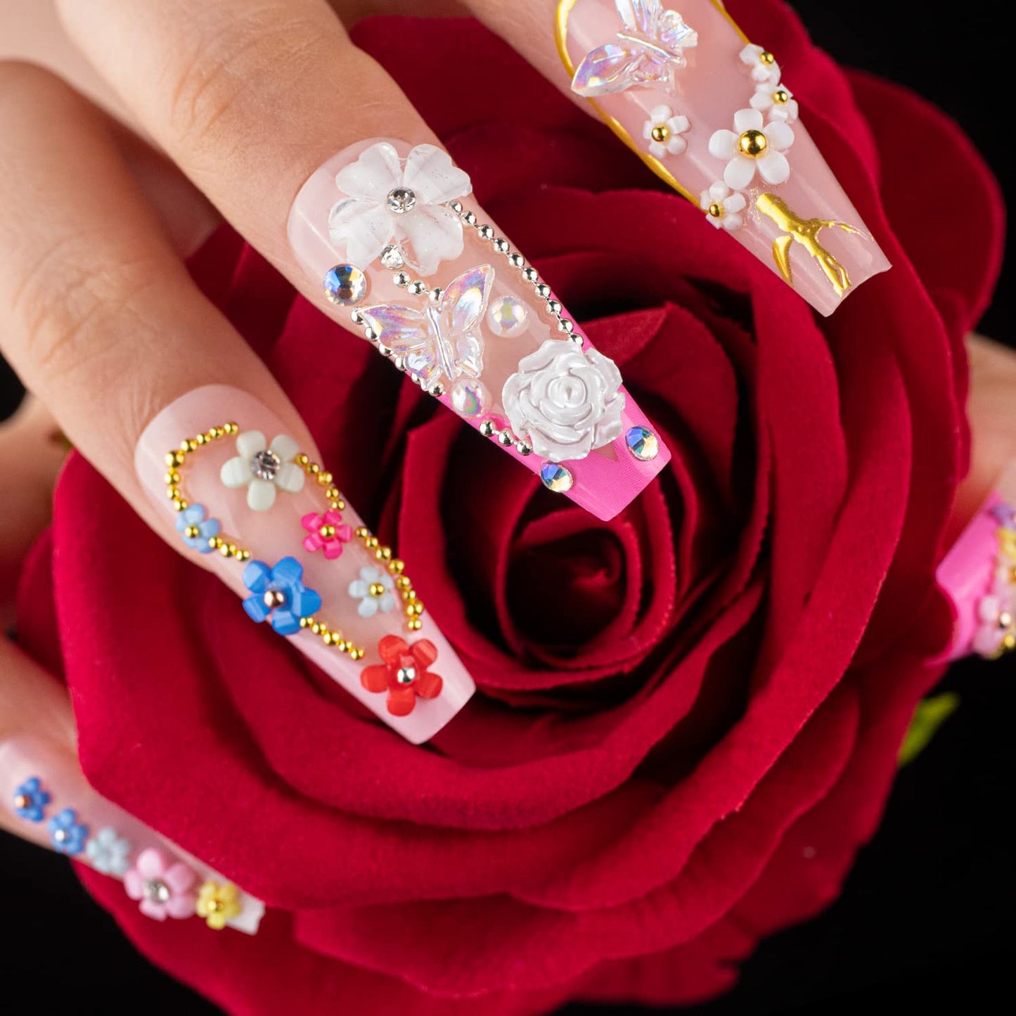 Mixed 3D Nail Art Gem Decoration Accessories Kit #7, Aurora Bear Bow Butterfly Starry AB Rhinestone Charm Jewelry for Deco, Pearl Flower Caviar Bead Stone Crystal with Pickup Pencil and Tweezer