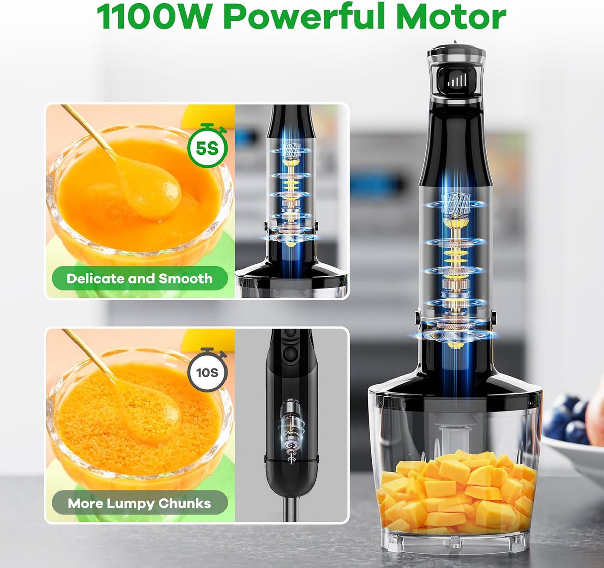 Immersion Blender Handheld Corded Hand Blenders Set 1100W, Trigger Variable Speed 5 in 1 Stick Emulsifier with Chopper, Whisk and Frother for Soup, Baby Food and Smoothies