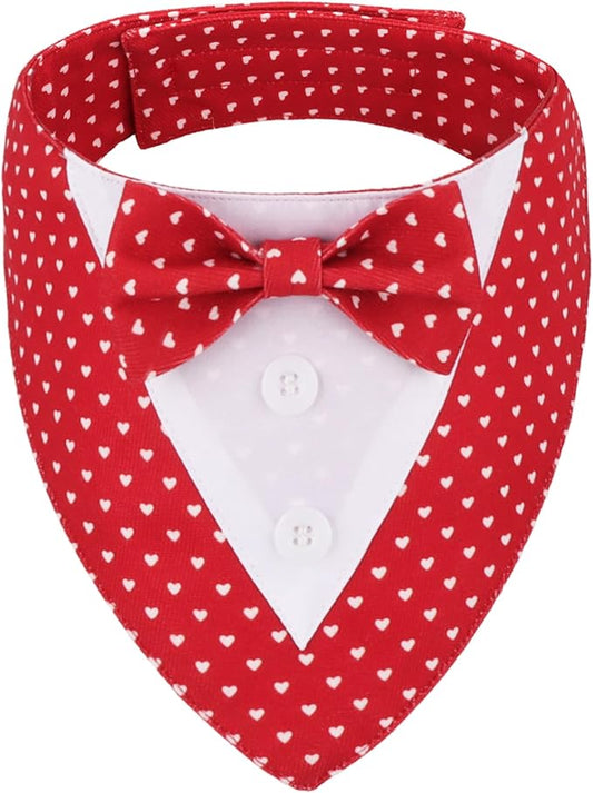 ADOGGYGO Valentine Dog Tuxedo Bandana, Red Heart Pet Tux with Bowtie Adjustable Valentine Costume for Extra Small Dogs Cats (XS)