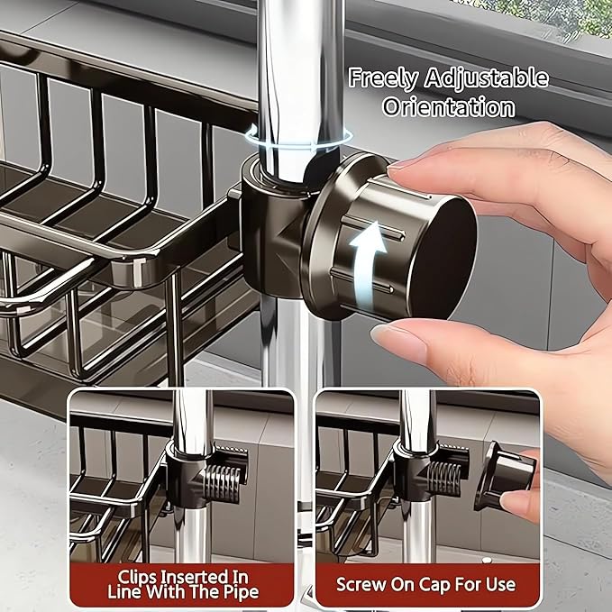 Kitchen Sink Faucet Organizer, Kitchen Sink Organizer Over Faucet, Over Sink Dish Drying Rack, Sponge Holder for Kitchen Sink, for 0.7-1.1 inch Round Water Pipe (Silver, Left Mount)