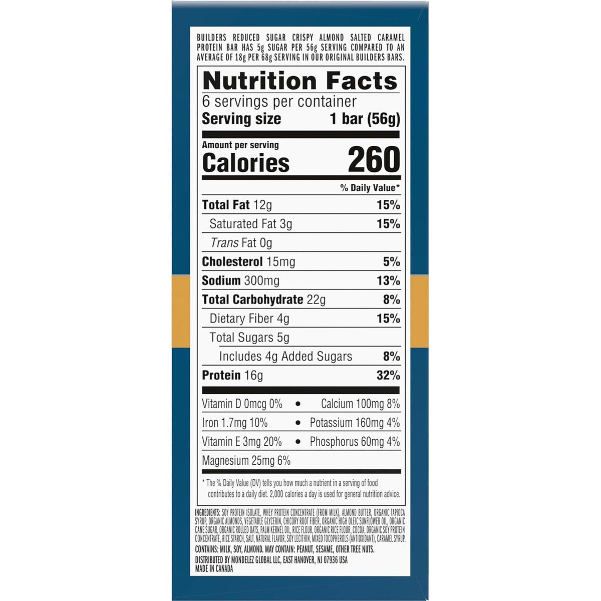 CLIF BUILDERS Protein Bars - Crispy Almond Salted Caramel - Reduced Sugar - Gluten Free - 16g Protein - No Artificial Sweeteners - 1.97 oz. (6 Pack)