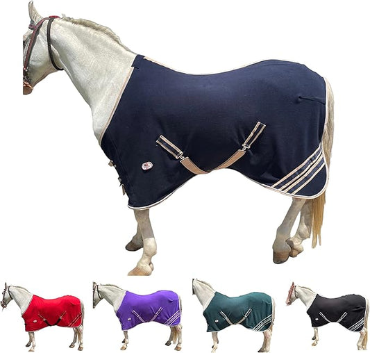 Majestic Ally Anti Pill Fleece Horse Blanket/Sheet with Silver Braided Rope (Navy, 82)