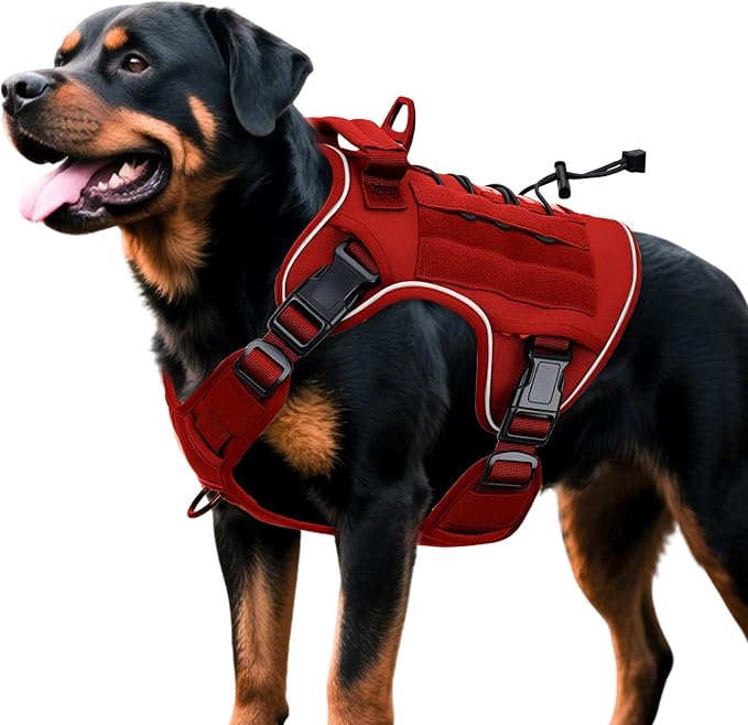Heavy-Duty Tactical Dog Harness for Large Dogs, No Pull Adjustable Reflective Pet Vest with Molle System, K9 Military-Grade Control for Service Training, Outdoor & 10+ Breeds, Red, XX-Large