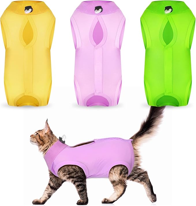 Nuanchu 3 Pieces Cat Recovery Suit Kitten Recovery Suit E-Collar Alternative for Cats and Dogs Abdominal Skin Anti Licking Pajama Clothes Sets(Simple Pattern,Large)