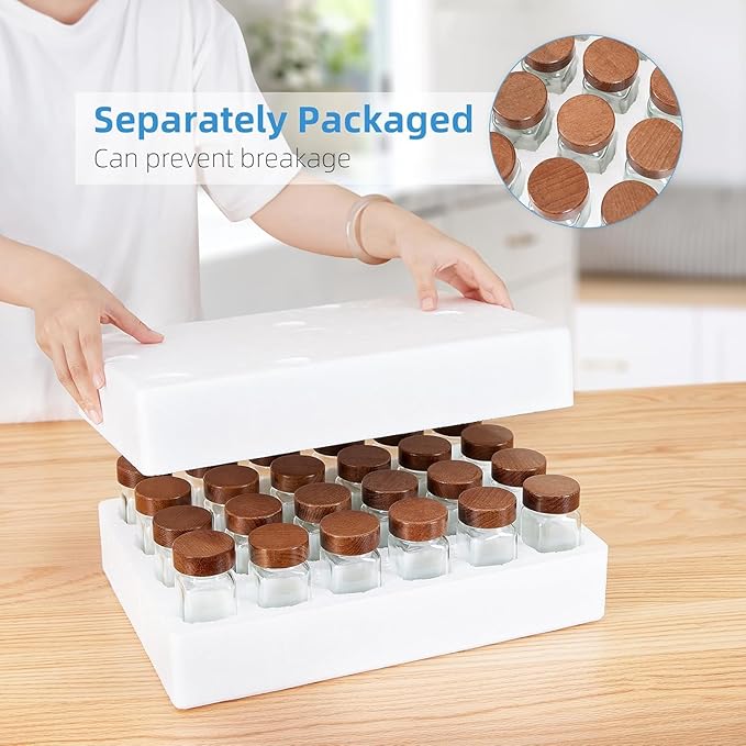 Yangbaga Glass Spice Jars with Labels: 14pc 4oz Square Seasoning Storage Containers with Airtight Wood lid,Pepper Grinder,Funnel; Empty Spice Organizer Bottles for Kitchen Rack Drawer Cabinet