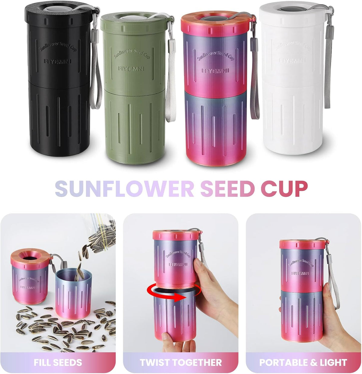 Sunflower Seed Spit Cup, with Seed Storage & Shell Disposal. 3D Printed Portable Pistachios Snack Nut Bowl Cup for in-Car, Road Trip & Ball Games. Seed Lovers Gift (Black)