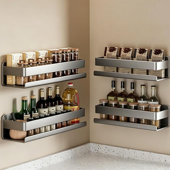 Adhesive Wall Mount Spice Rack Carbon Steel, No-Drill Dark Gray Wall Spice Racks for Kitchen, Multi-Purpose Spice Storage Organizer, Kitchen Bathroom Storage Shelf for Countertop Cabinet