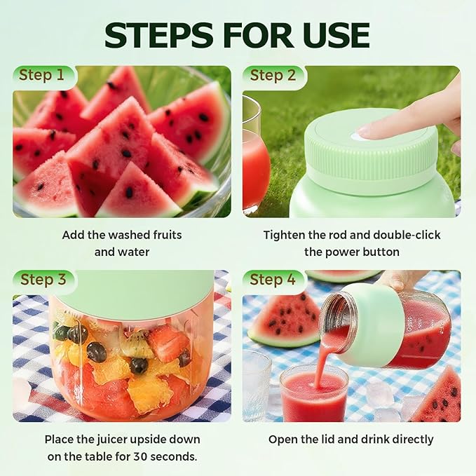 Portable Juicer, 44oz Wireless Blender Cup, USB Rechargeable Smoothie Maker for Shakes, Protein Drinks, Travel, Office, Outdoor – Leak Proof with Handle (Green)