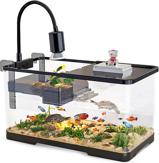 (Tank + Light + Filter + Filter Balls) Turtle Tank Kit, Turtle Tank Starter Kit,Bottom Drainage, Multi-Function Areas for Turtles, Crabs,Fishes, Amphibians,Reptiles. (15.75 x 8.64 x 8.64 Inch)
