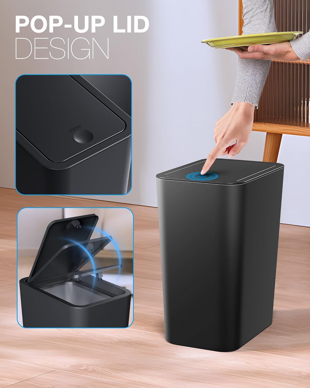Bathroom Trash Can with Lid, 2 Pack 4 Gallons/15 Liters Garbage Can with Pop-Up Lid, Small Plastic Trash Can, Slim Trash Bin Waste Basket for Bathroom, Bedroom, Office, Living Room(Black)