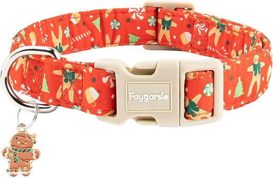 Faygarsle Christmas Dog Collar, Red Gingerbread Pattern, Plastic Buckle with Metal D-Ring, Holiday Pet Accessory, for Small Medium Large Dogs S