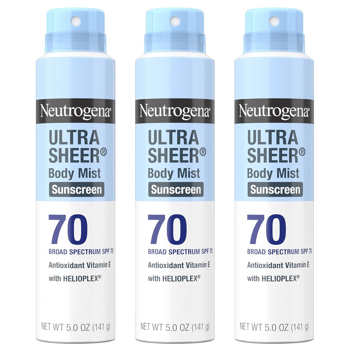 Neutrogena Ultra Sheer Body Mist Sunscreen Spray, Broad Spectrum SPF 70, Lightweight Spray Sunscreen, Non-Greasy & Water Resistant, Oil-Free & Non-Comedogenic UVA/UVB, 5 oz, Pack of 3