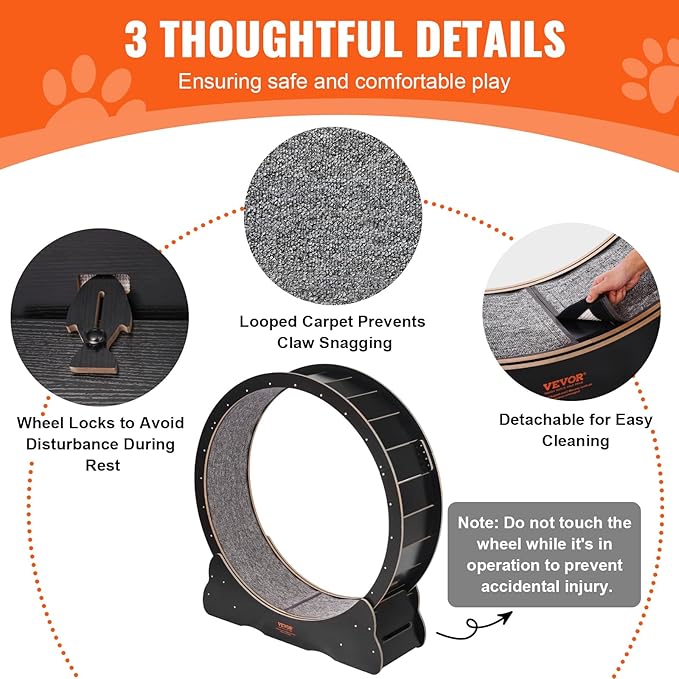 VEVOR Cat Exercise Wheel, 43.3" Large Treadmill for Indoor Cats, Running Wheel With Detachable Carpet & Teaser for Running/Walking/Training, Suitable for Most Cats Black