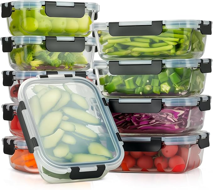 [10-Pack Glass Meal Prep Containers with Lids, Food Storage Containers with Snap Locking Lids, Airtight Lunch Containers, Microwave, Oven, Freezer and Dishwasher,Black