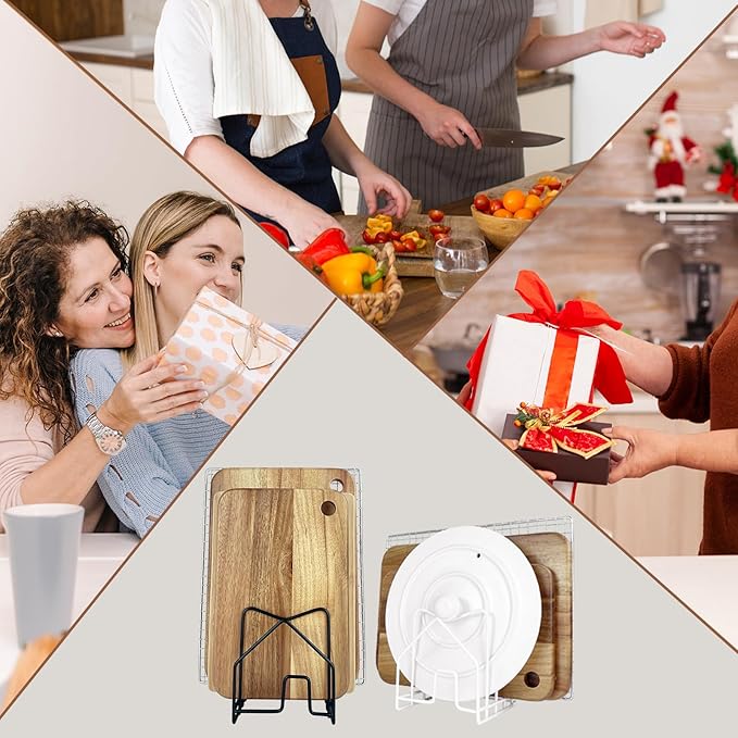 SUNFICON Cutting Board Holder W 2 Chip Bag Clips 304 Stainless Steel Chopping Board Rack Pot Lid Organizer Inside Cabinet Pot Cover Cookie Sheet Bakeware Serving Tray Cooling Rack Stand Kitchen White