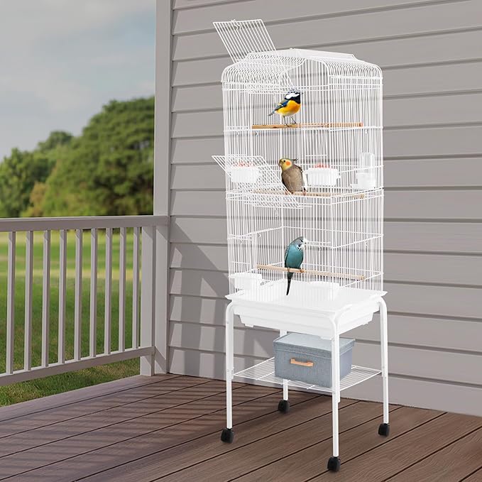 Large Bird Cage with Wheels Parrot Cages for Large Birds Iron Bird Cage with Stand Outdoor Birdcages with Tray, Feeding Bowls & Waterer Big Bird Cages for Parakeets, Lovebird & Pigeon (White)