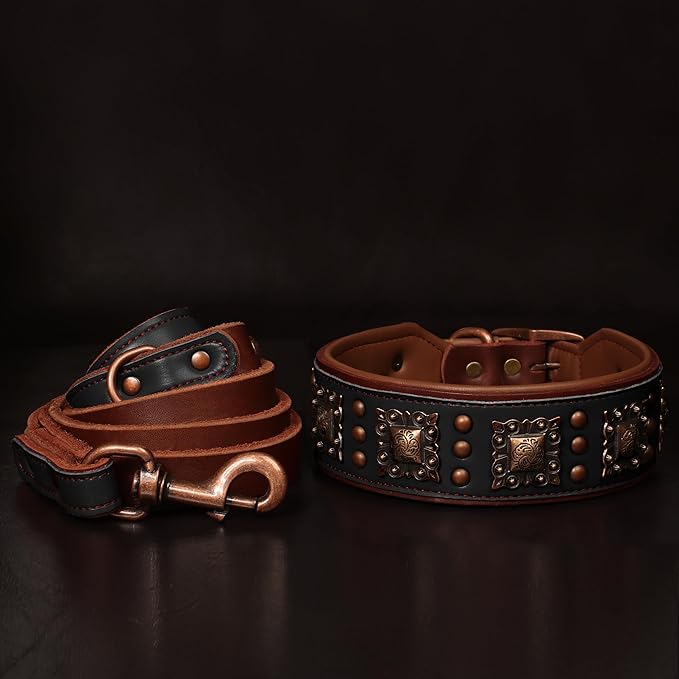 PET ARTIST Upgrade Padded Leather Dog Collar, 2 inch Wide Genuine Leather Dog Collars with Strong Studded Rivet & Metal Buckle, Adjustable Large Dog Collar for Pit Bull Doberman,Black,Neck 19-22"