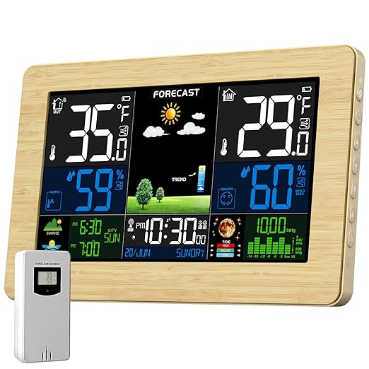 Weather Station Wireless Indoor Outdoor Thermometer, Digital Thermometer with Remote Sensor, Large Display Home Weather Stations with Weather Forecast, Atomic Clock, Barometric Pressure, Moon Phase
